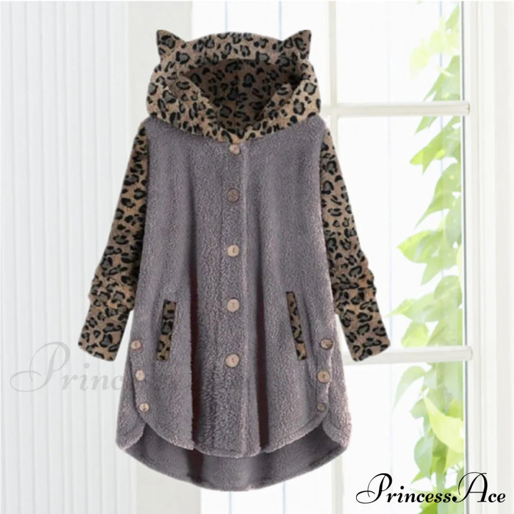 Leopard Patchwork Cat Ears Coat Dark Gray Best Sellings cardigan cardigans clothes Plus Size Sale tops