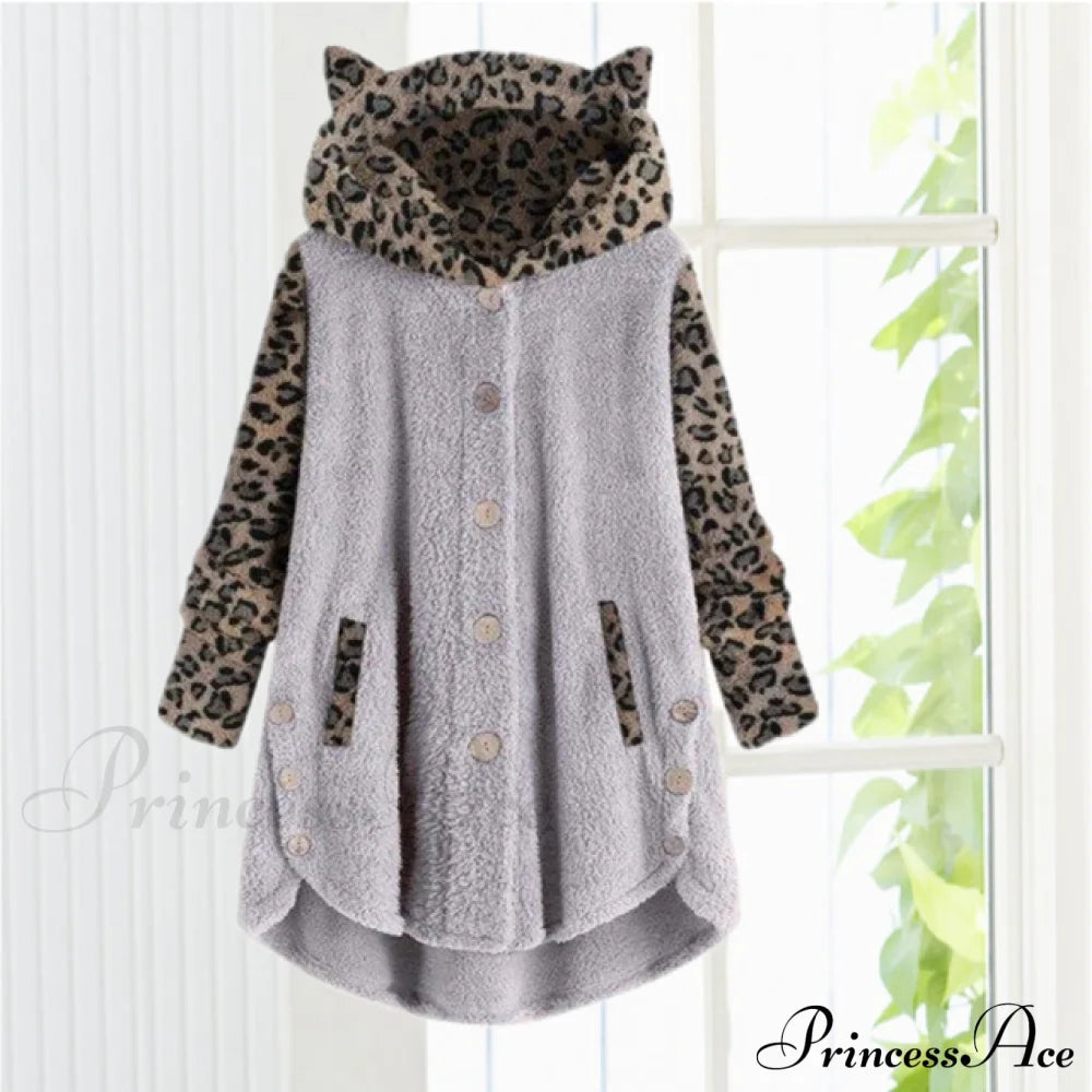 Leopard Patchwork Cat Ears Coat Gray Best Sellings cardigan cardigans clothes Plus Size Sale tops