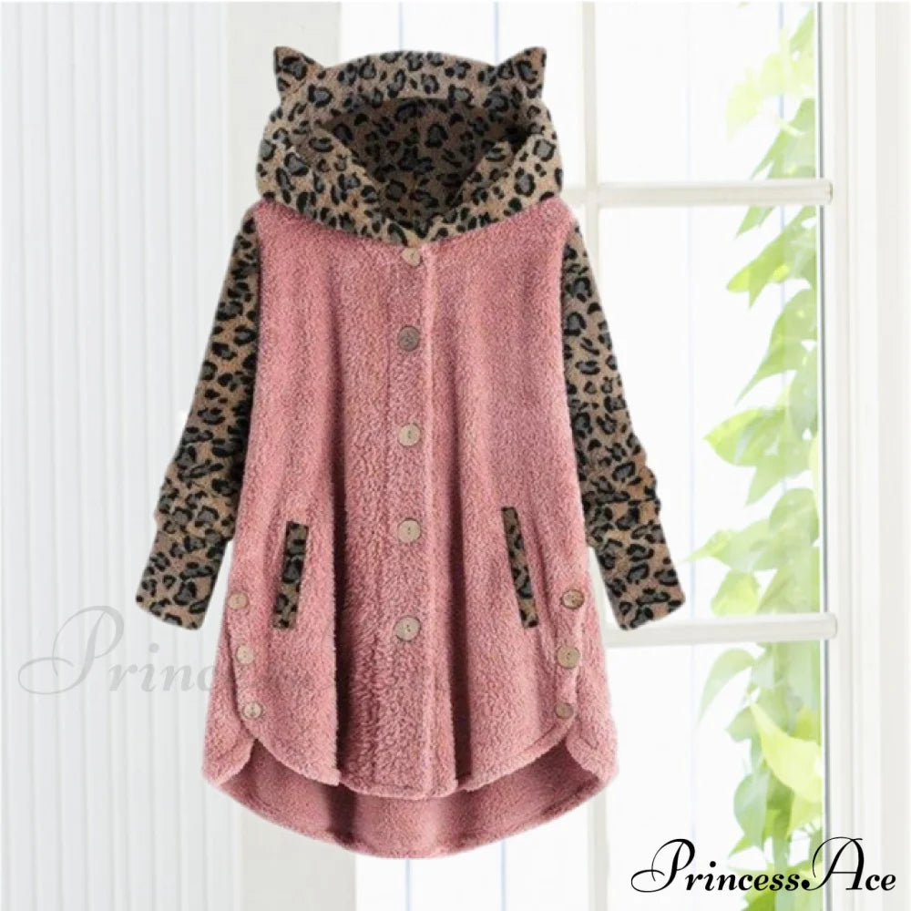 Leopard Patchwork Cat Ears Coat Pink Best Sellings cardigan cardigans clothes Plus Size Sale tops