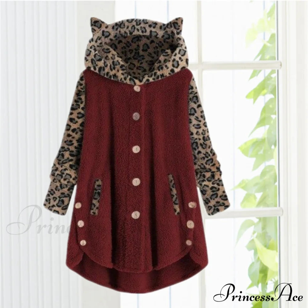 Leopard Patchwork Cat Ears Coat Wine Red Best Sellings cardigan cardigans clothes Plus Size Sale tops