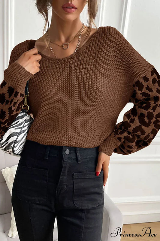 Leopard Patchwork Pullover Sweater Coffee / M Sweaters-L