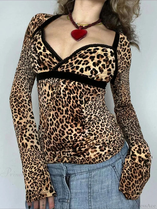 Leopard Patchwork Slim Square Collar Long Sleeve Knit Top Brown / S knittop-250126