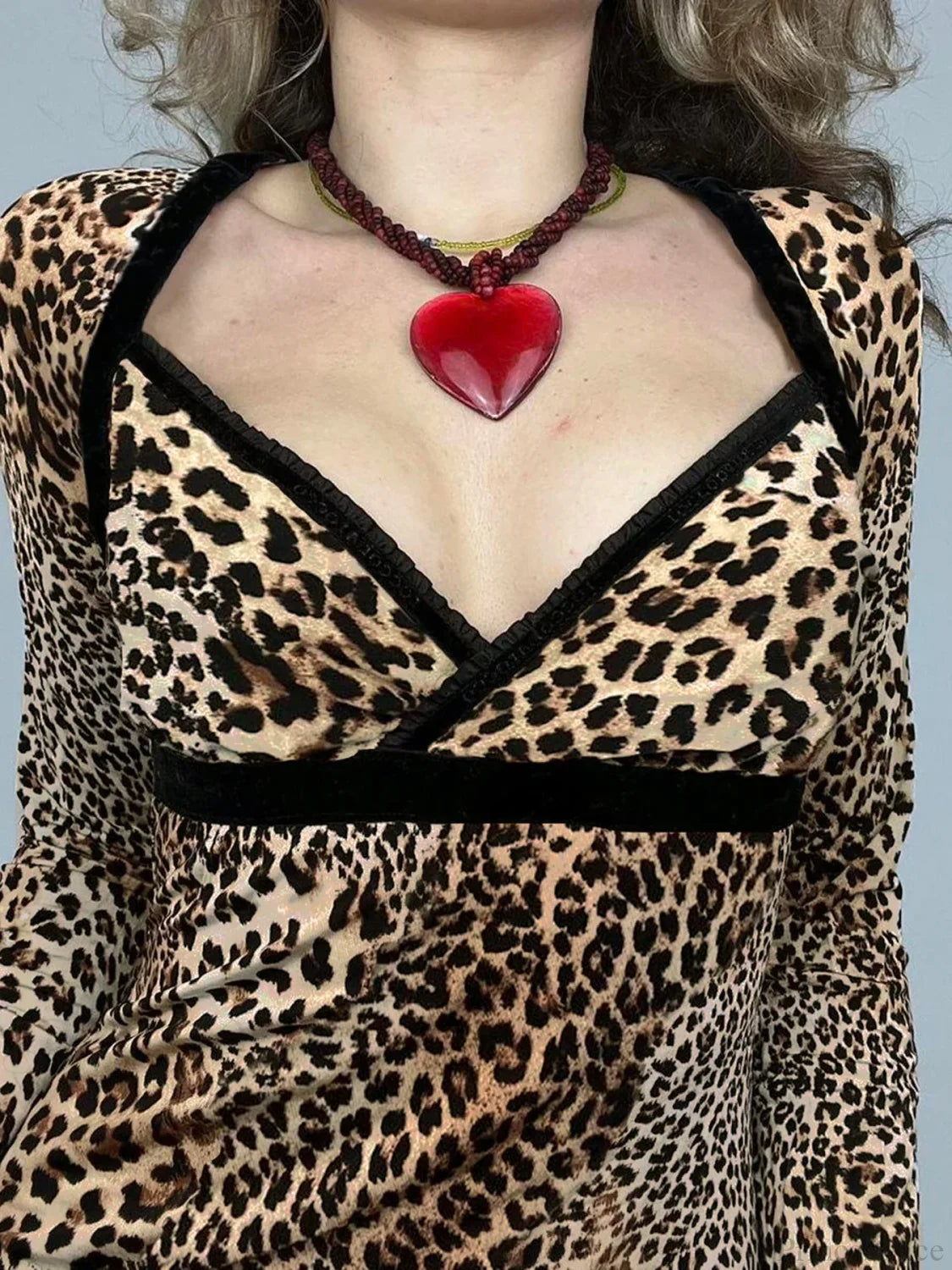 Leopard Patchwork Slim Square Collar Long Sleeve Knit Top knittop-250126