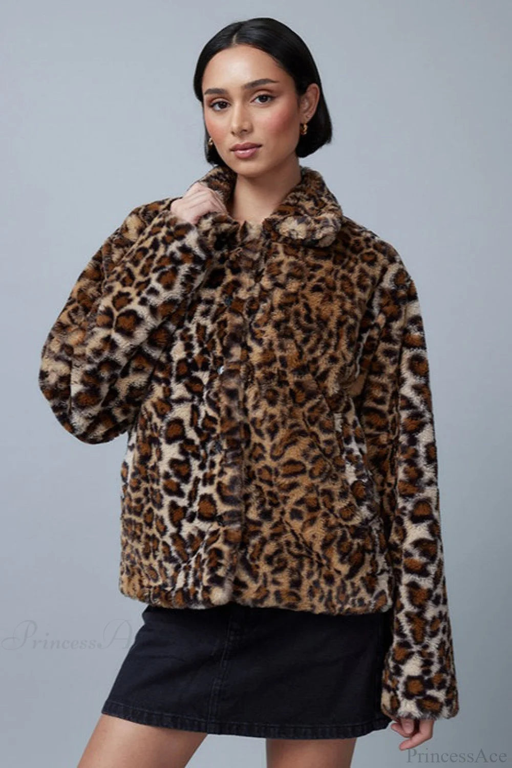 Leopard Print Faux Fur Collar Vintage Coat Leopard print / S