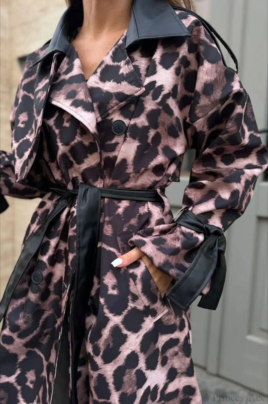 Leopard Print Faux Leather Oversized Elegant Longline Overcoat