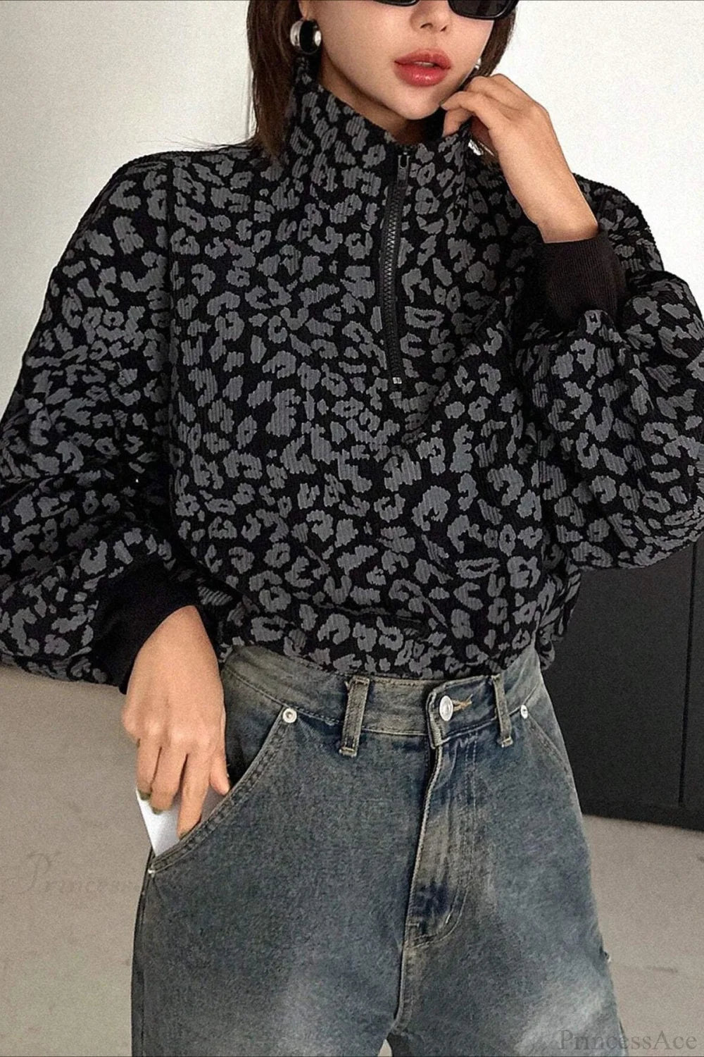 Leopard Print Half-Zip V-Neck Long Sleeve Sweatshirt