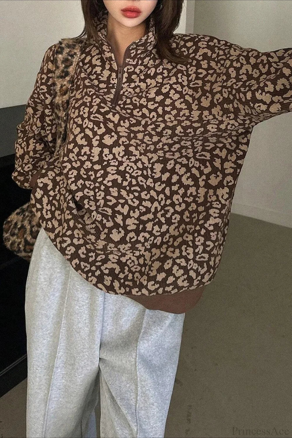 Leopard Print Half-Zip V-Neck Long Sleeve Sweatshirt