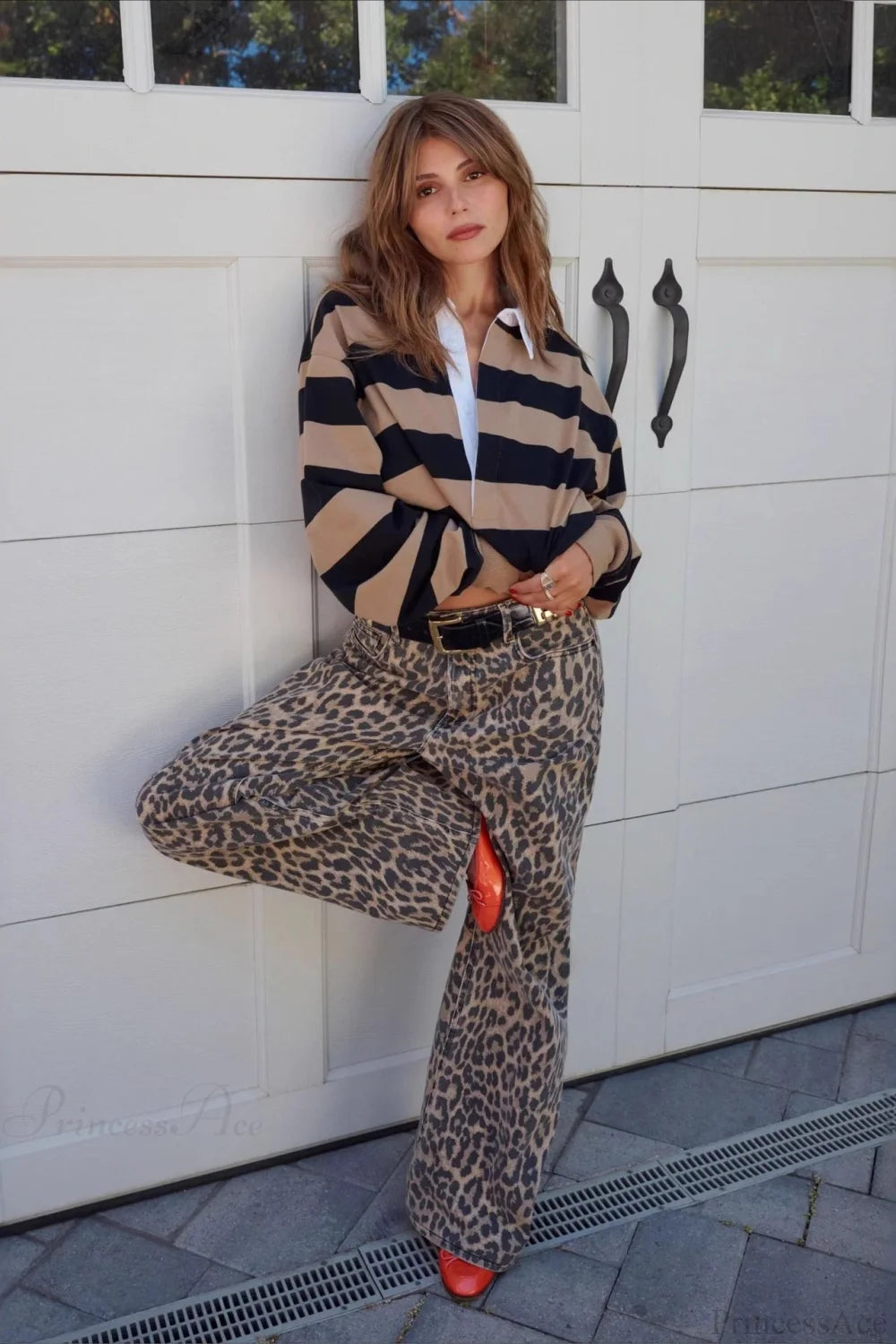 Leopard Print High Waist Straight Leg Denim Jeans