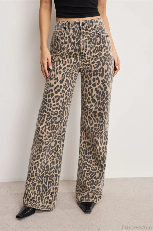 Leopard Print High Waist Straight Leg Denim Jeans Leopard print / S