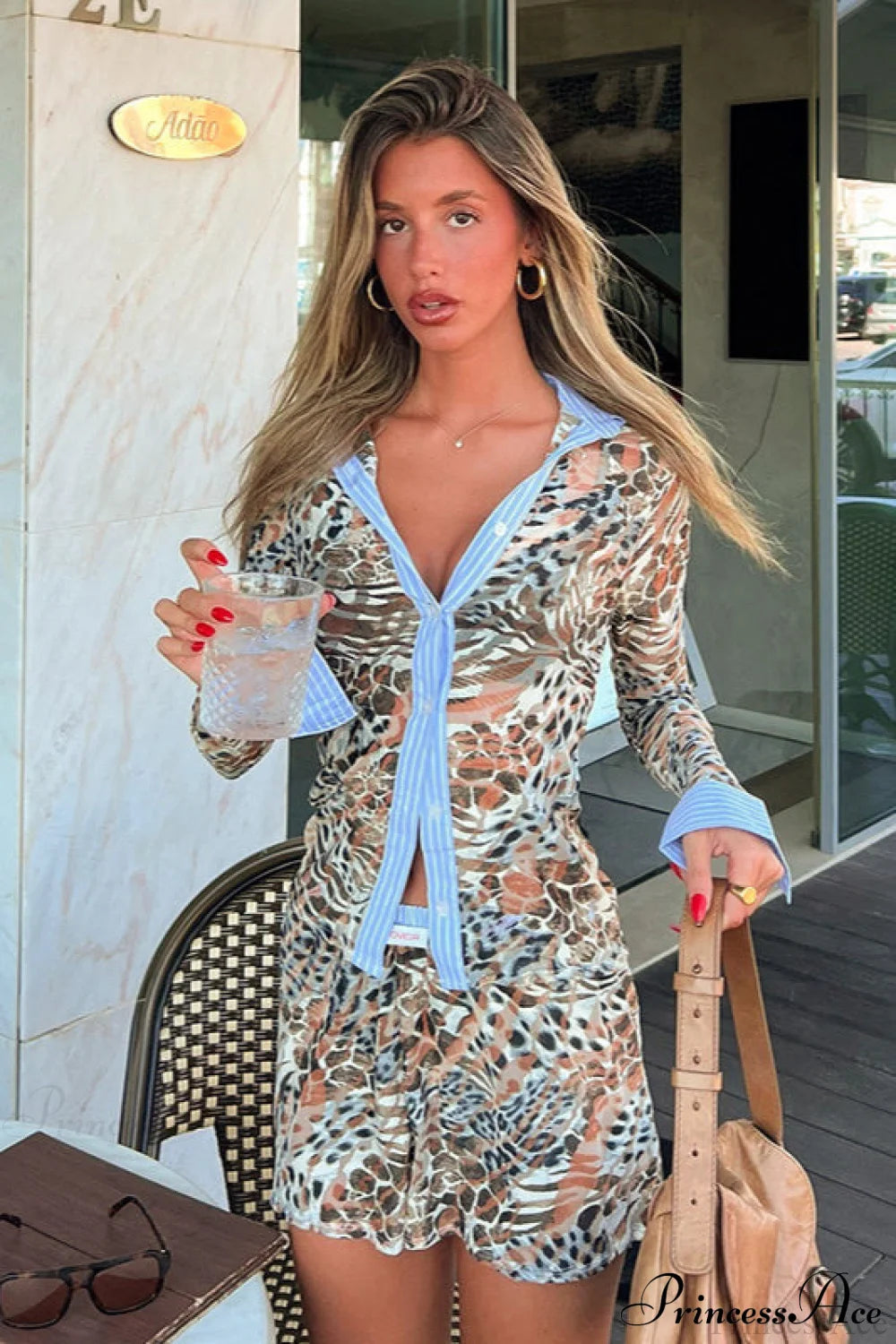 Leopard Print Panel Long Sleeve Blouse