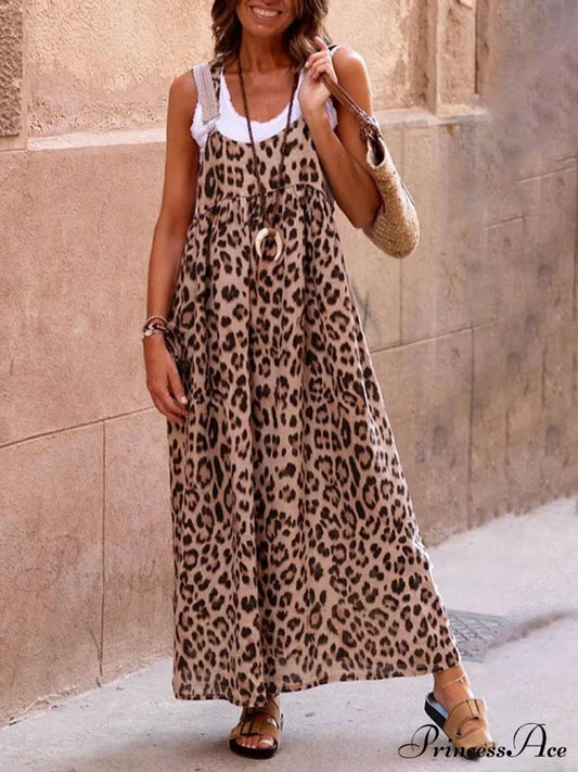 Leopard Print Patchwork Charming Suspender Maxi Dress Multicolor / S Dresses