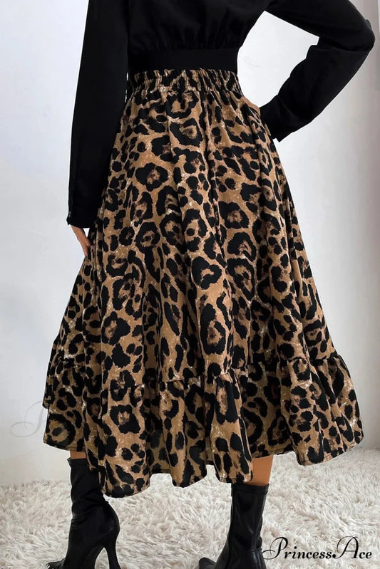 Leopard Print Pleated High Waist Skirt Brown / L Skirts