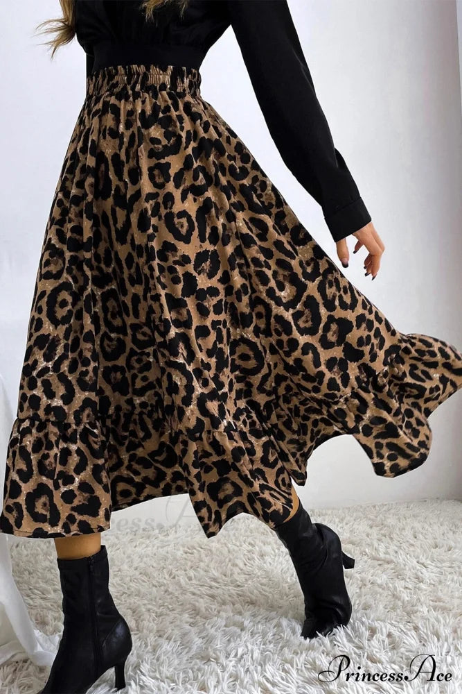 Leopard Print Pleated High Waist Skirt Brown / M Skirts