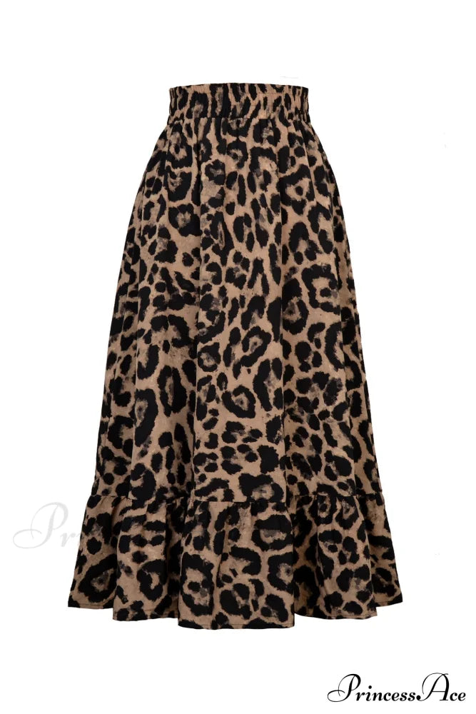 Leopard Print Pleated High Waist Skirt Brown / S Skirts