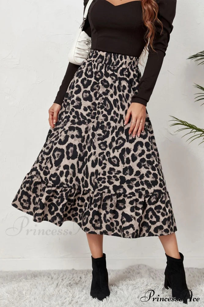 Leopard Print Pleated High Waist Skirt Grey / L Skirts