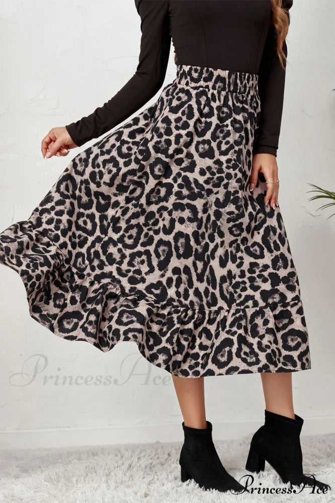 Leopard Print Pleated High Waist Skirt Grey / M Skirts