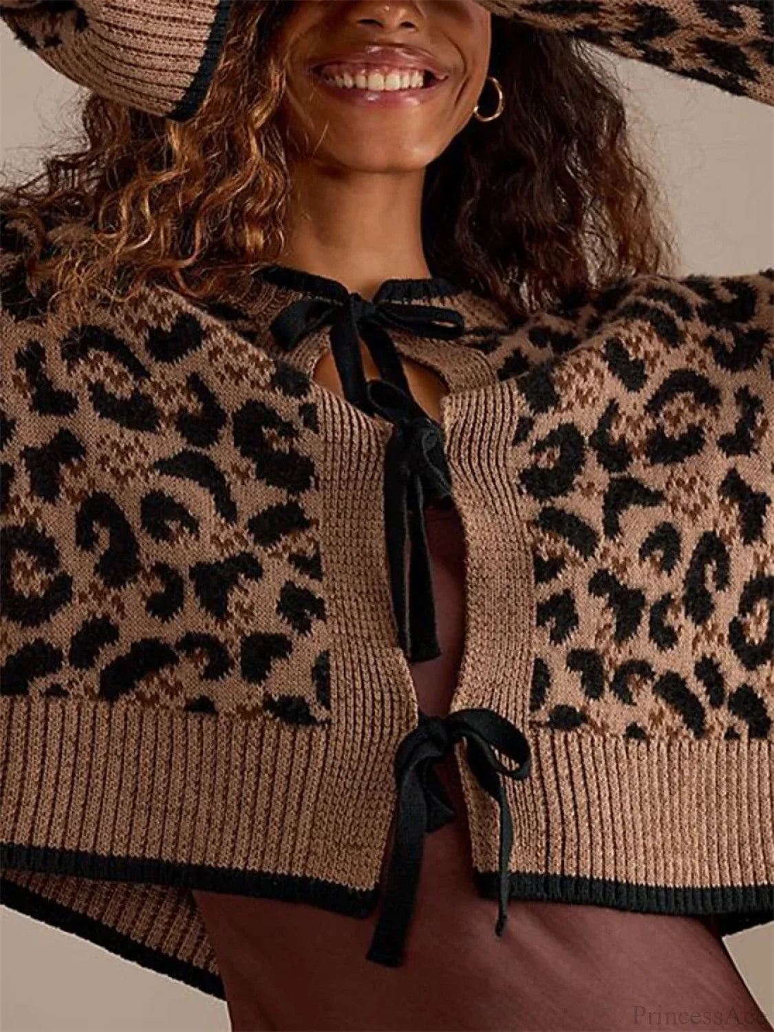 Leopard Print Ribbed Tie Front Knit Cardigan