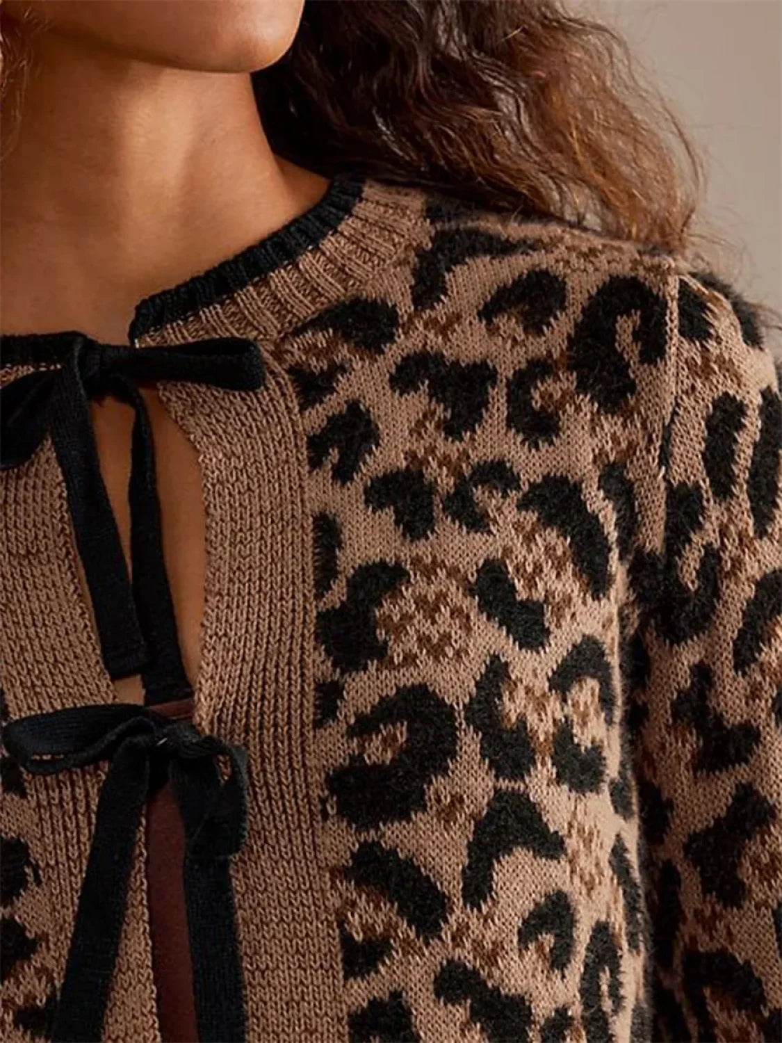 Leopard Print Ribbed Tie Front Knit Cardigan