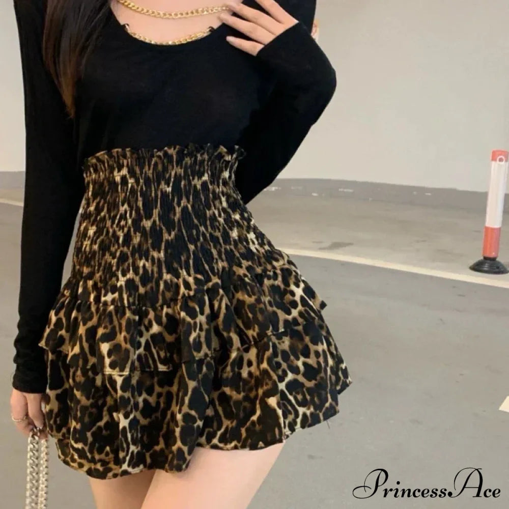 Leopard Print Ruffle Vintage High Waisted Pleated Skirt