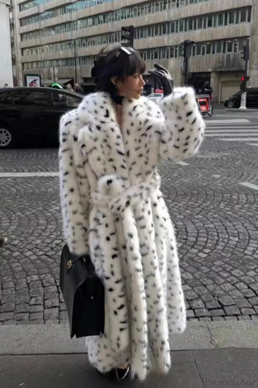 leopard print Warm Faux Fox Fur Notched Collar Loose Overcoat Leopard print / S