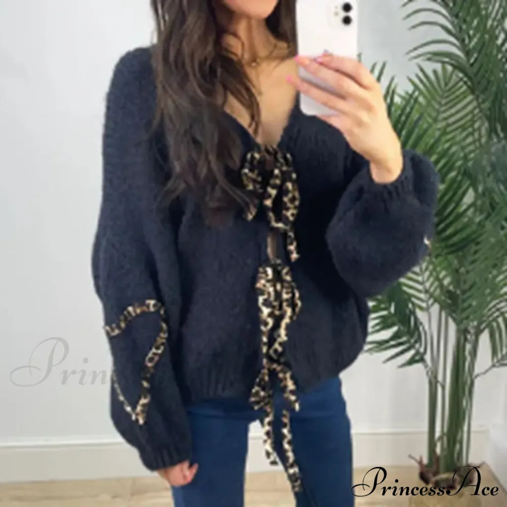 Leopard Ribbon Tie V-Neck Cardigan Black / S Cardigan-241208