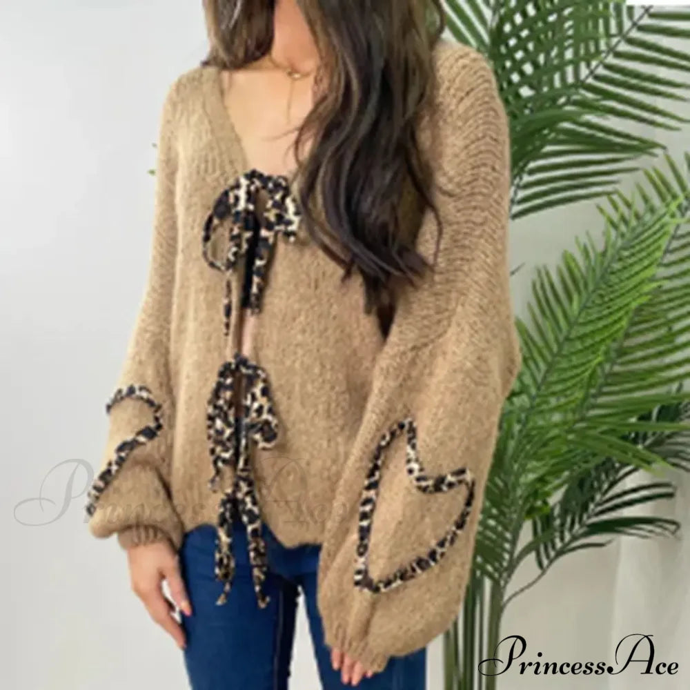 Leopard Ribbon Tie V-Neck Cardigan Brown / S Cardigan-241208