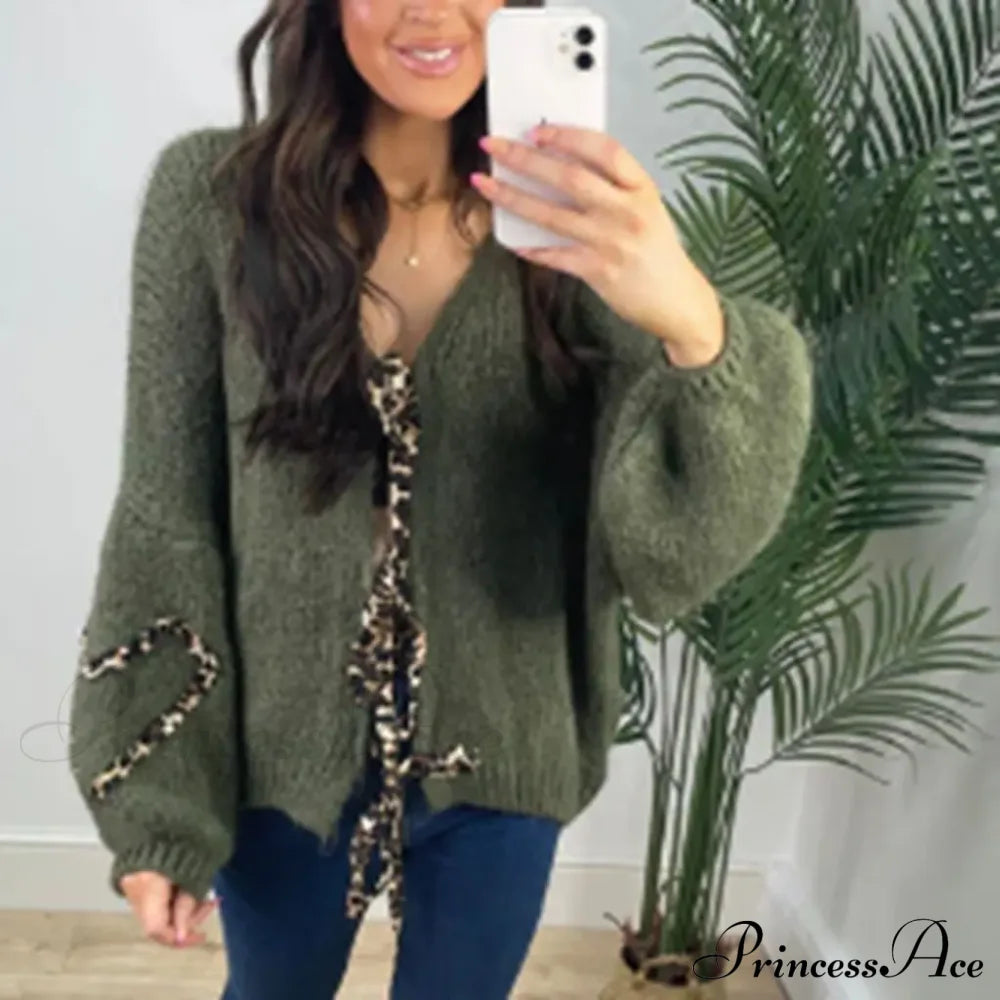 Leopard Ribbon Tie V-Neck Cardigan Green / S Cardigan-241208