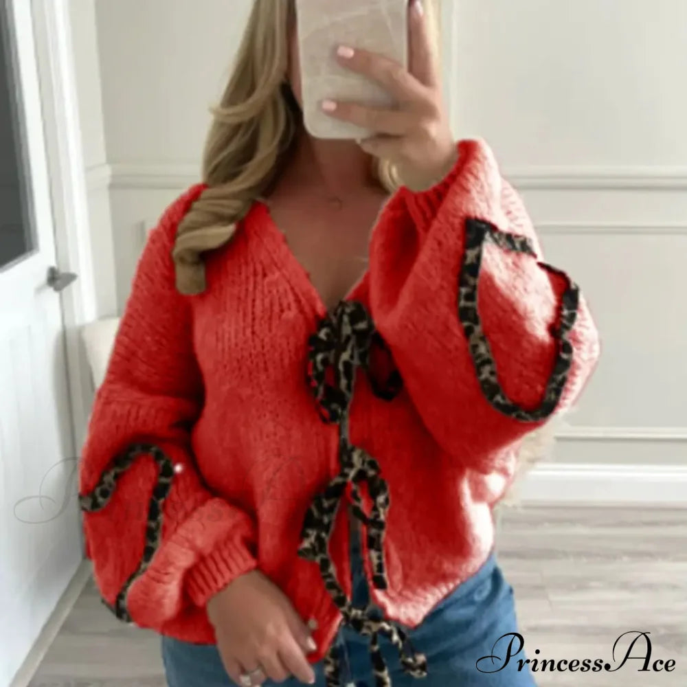 Leopard Ribbon Tie V-Neck Cardigan Red / S Cardigan-241208