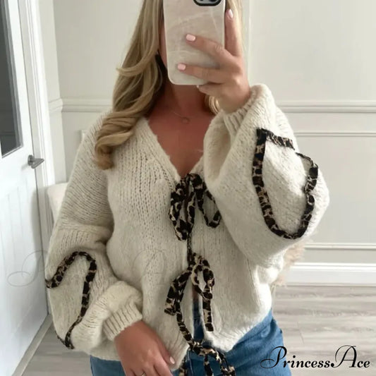 Leopard Ribbon Tie V-Neck Cardigan White / S Cardigan-241208