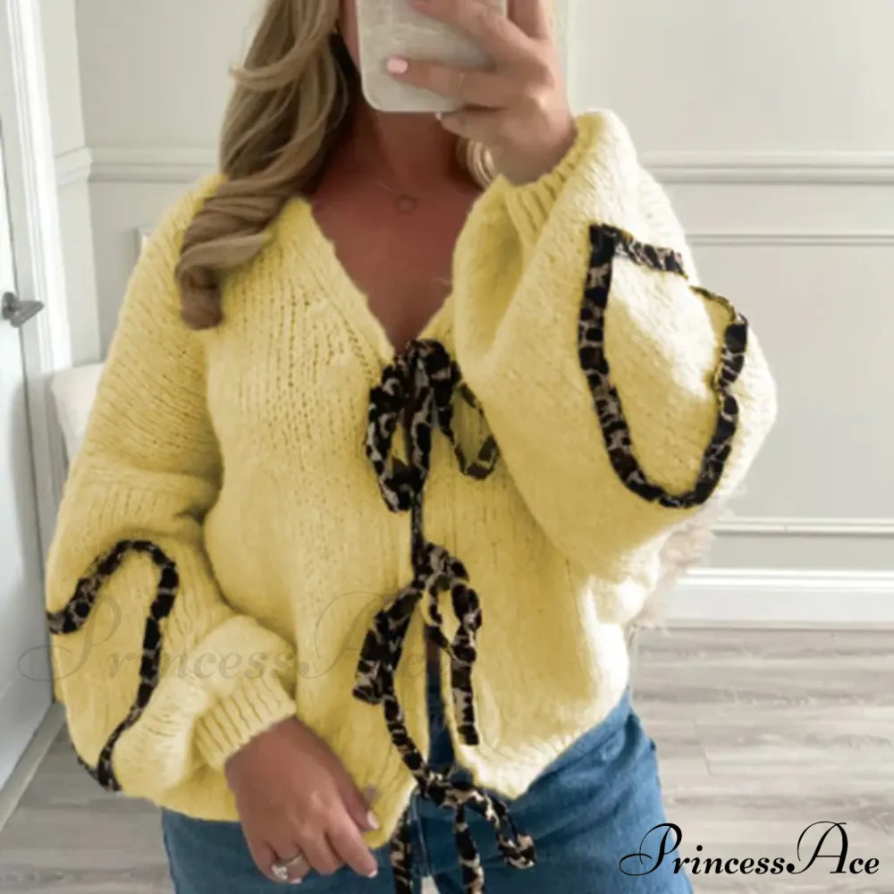 Leopard Ribbon Tie V-Neck Cardigan Yellow / S Cardigan-241208