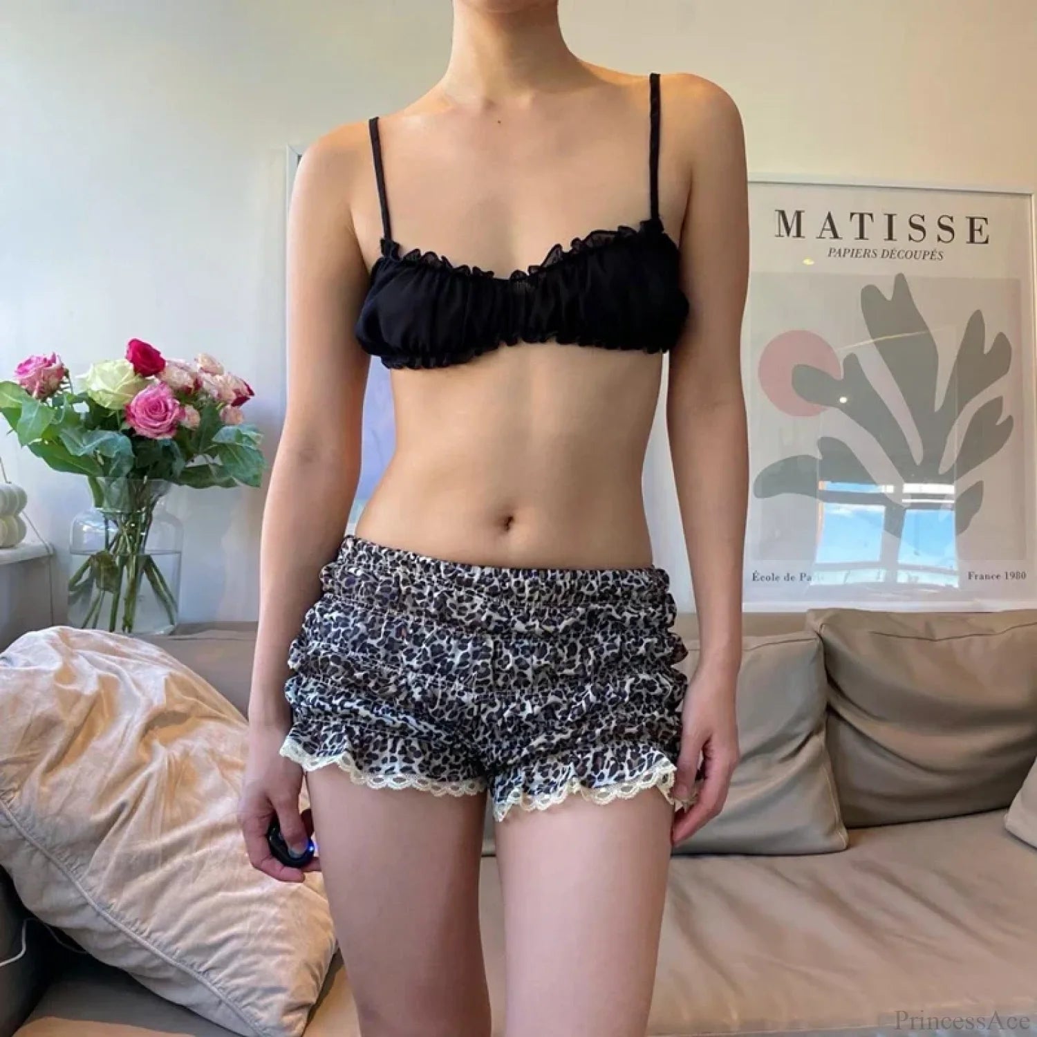 Leopard Ruffle Lace Trim Short short-250223