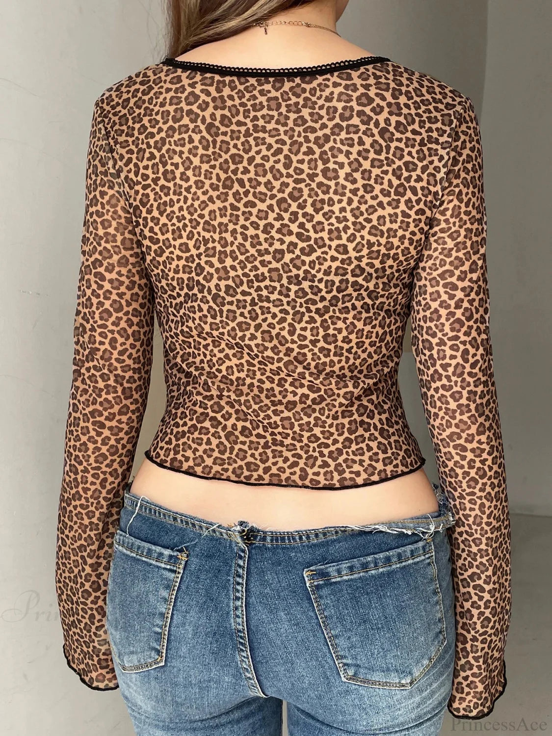 Leopard Split Mesh Slim Square Collar Long Sleeve Knit Top knittop-250126