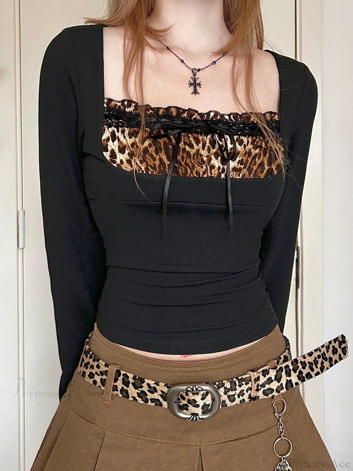 Leopard Square Collar Knit Top