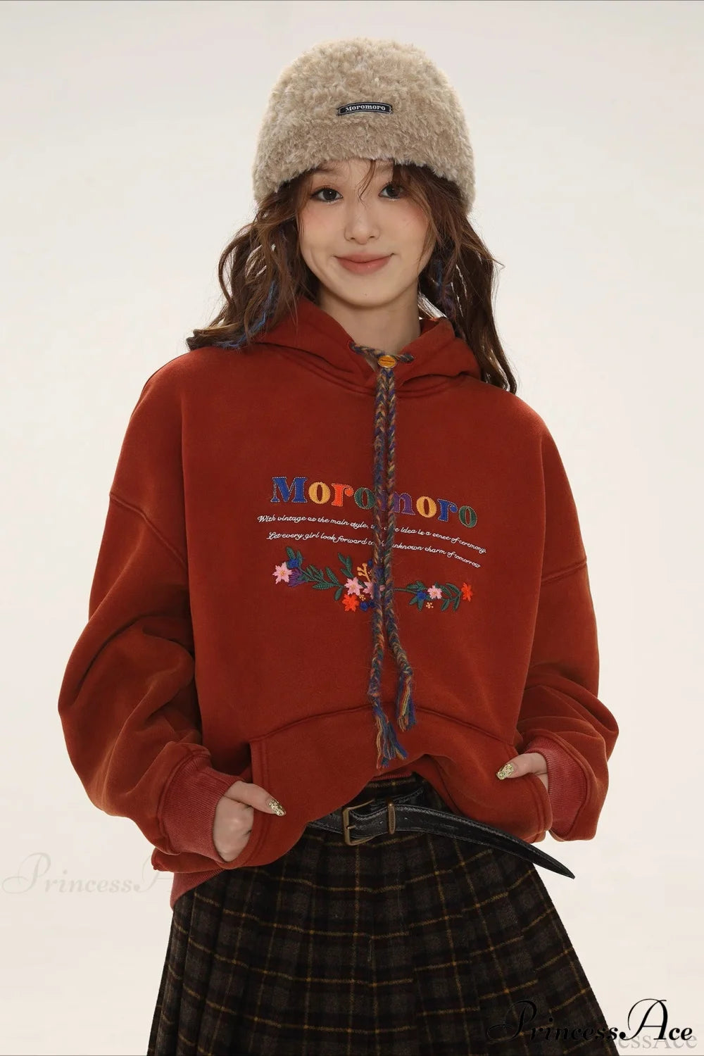 Letter Embroidery Relaxed Thickened Hoodie Red / S