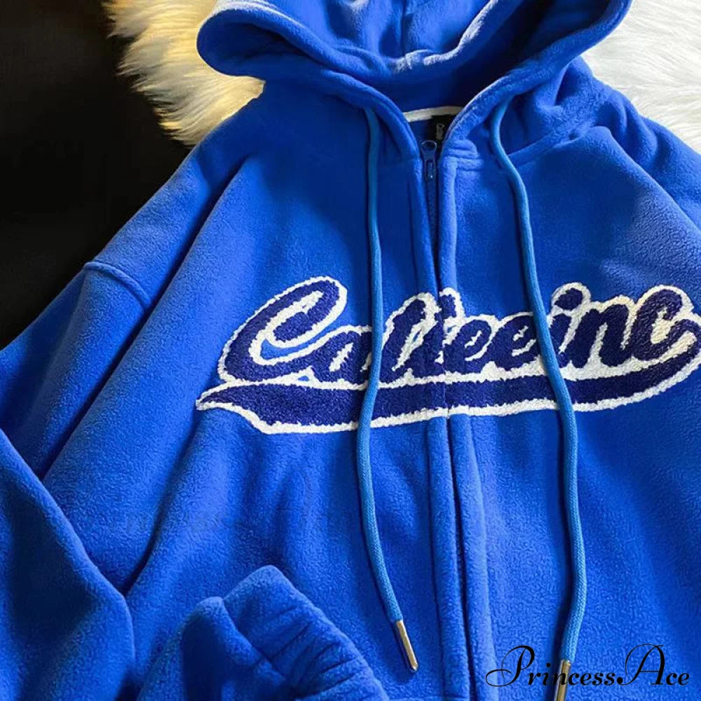 Letter Embroidery Vintage Loose Zipper Hoodies Blue / S Sweatshirts & Hoodies-L