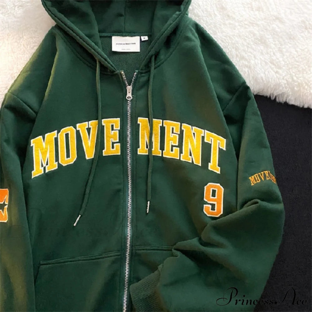 Letter Embroidery Vintage Loose Zipper Hoodies Green / S Sweatshirts & Hoodies-L