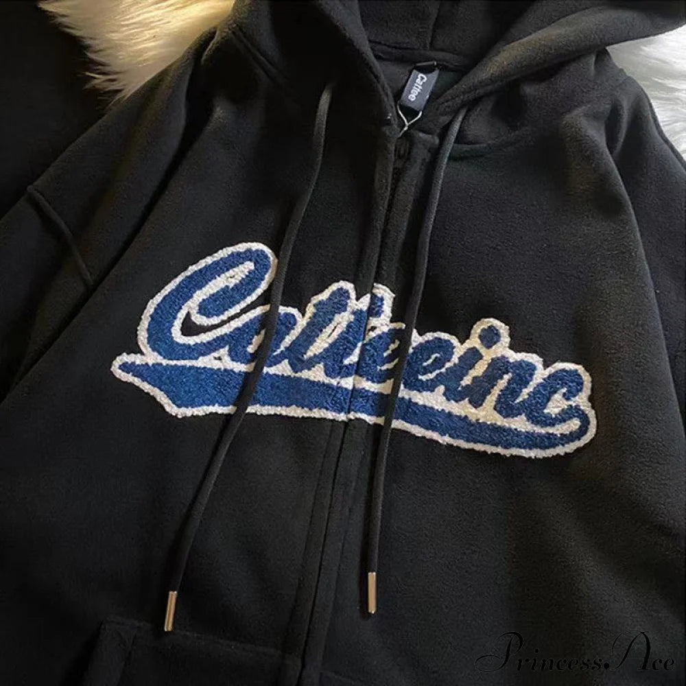 Letter Embroidery Vintage Loose Zipper Hoodies Sweatshirts & Hoodies-L