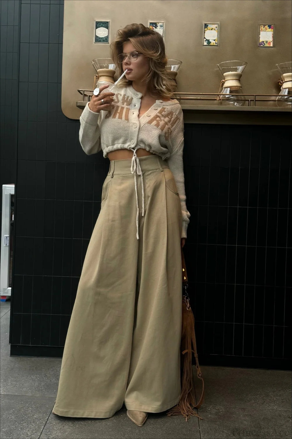 Letter Jacquard Cropped Drawcord Cardigan Sweater