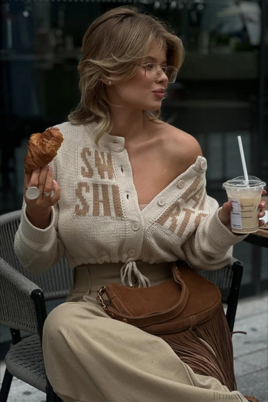 Letter Jacquard Cropped Drawcord Cardigan Sweater