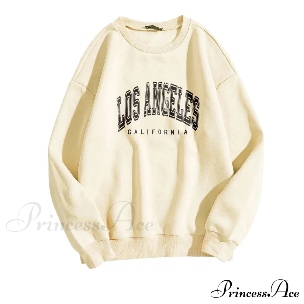 Letter Los Angeles Print Hoody Pullover Beige / S