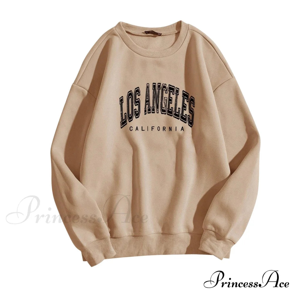 Letter Los Angeles Print Hoody Pullover Coffee / S