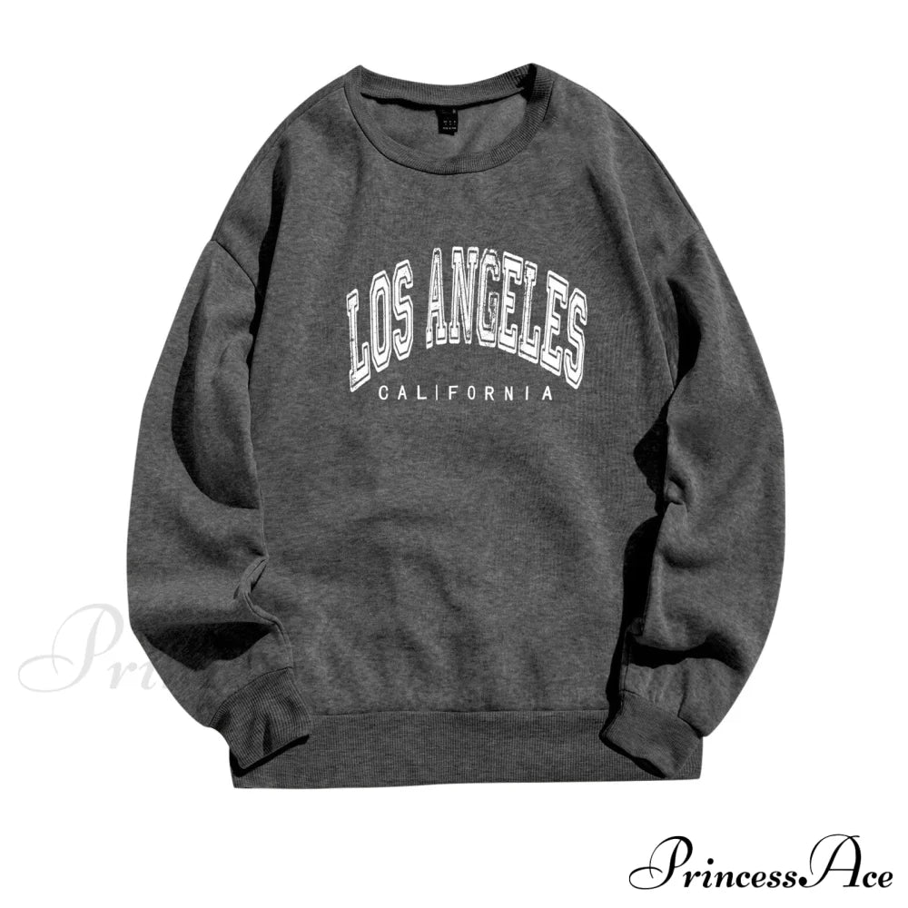 Letter Los Angeles Print Hoody Pullover Dark Gray / S