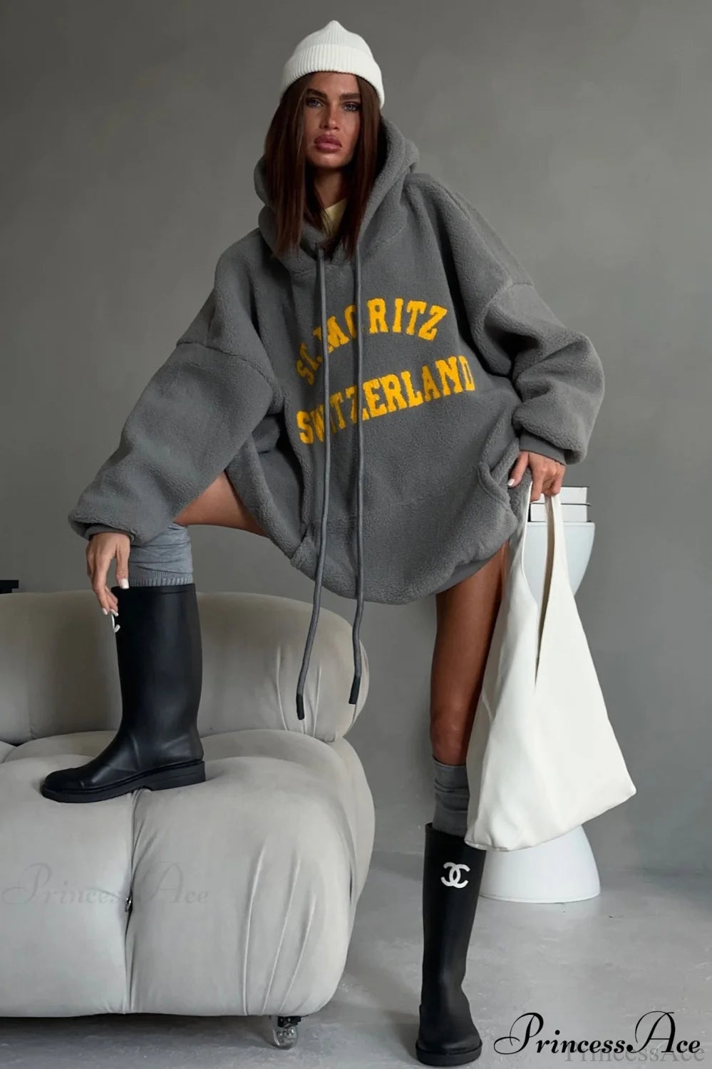 Letter Oversized Fleece Pullover Hoodie
