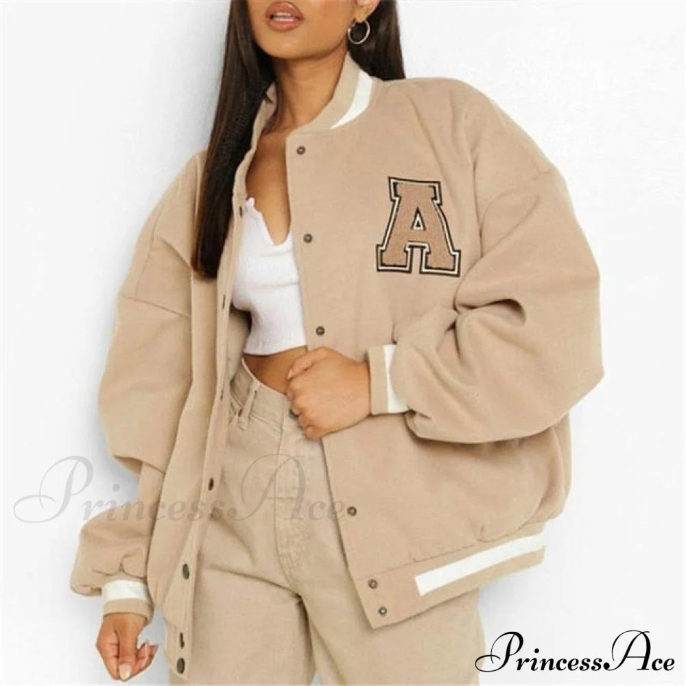 Letter Print Baseball Jacket Apricot A / S