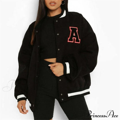 Letter Print Baseball Jacket Black A / S