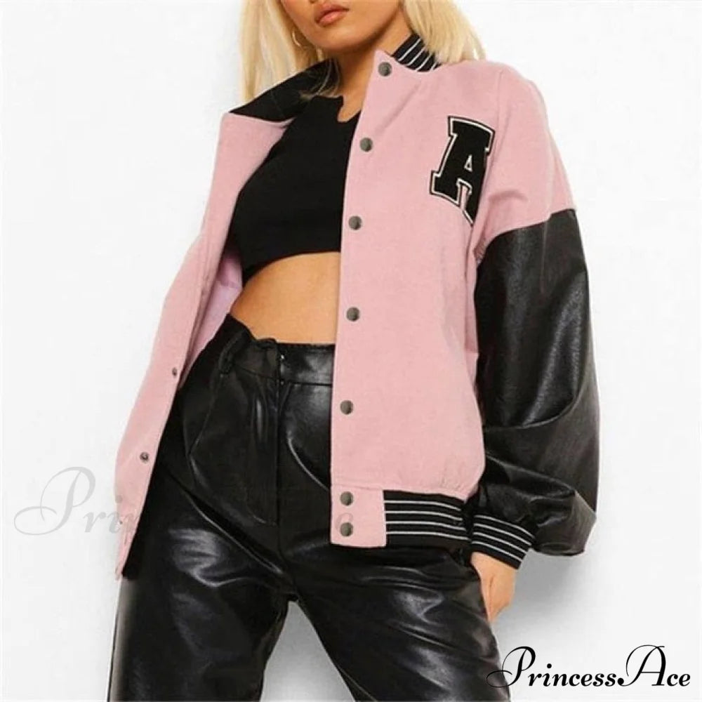 Letter Print Baseball Jacket Pink A / S