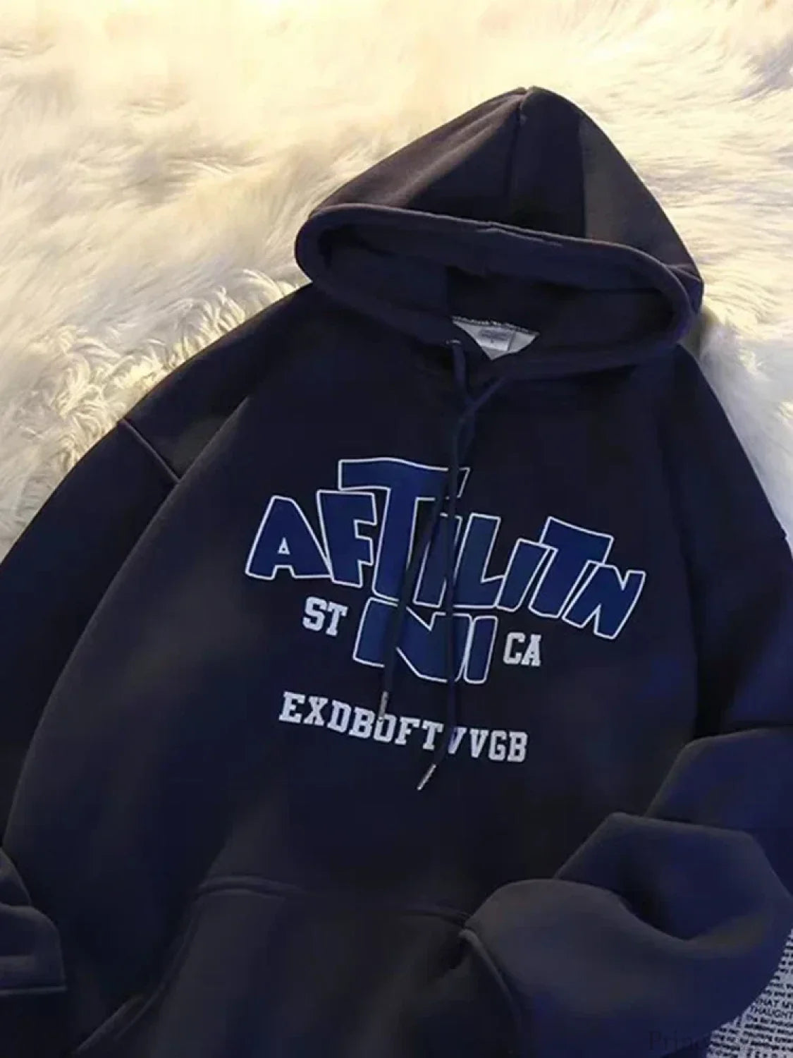 Letter Print Cotton Hoodie Navy Blue / M(40-45KG)