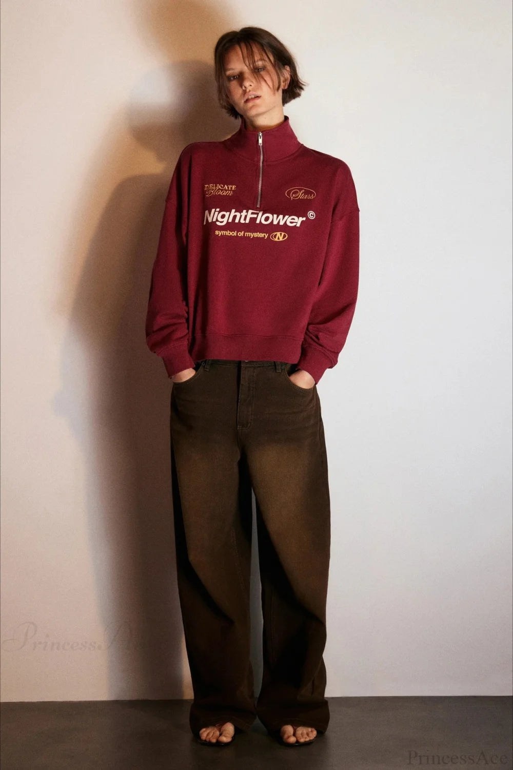 Letter Print Half Zip Stand Collar Loose Sweatshirts