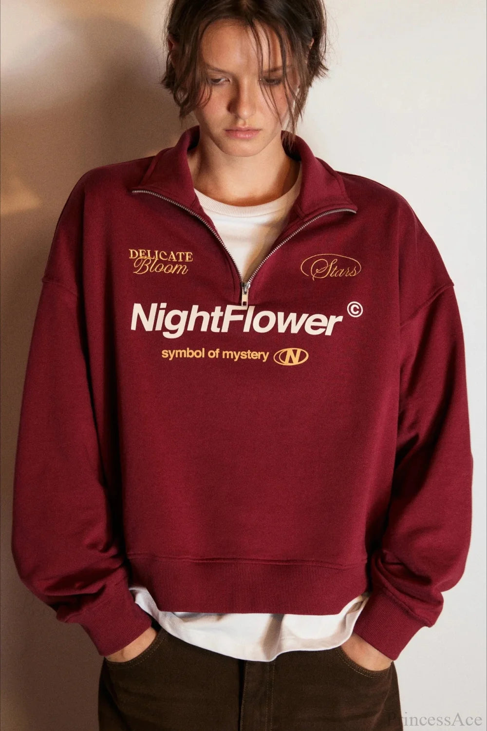 Letter Print Half Zip Stand Collar Loose Sweatshirts