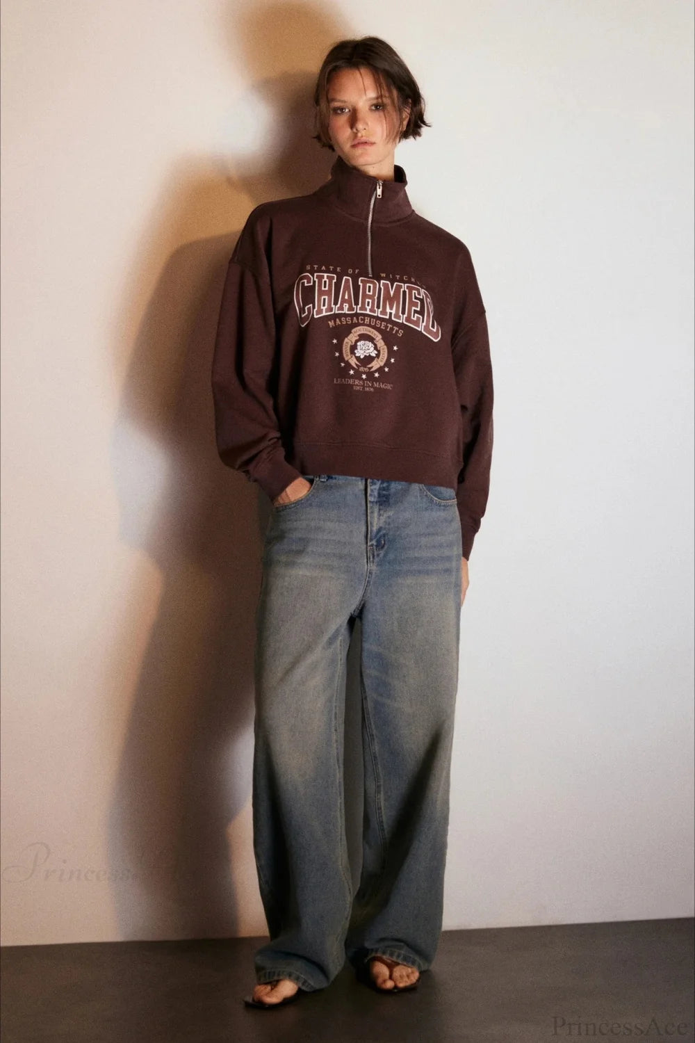 Letter Print Half Zip Stand Collar Loose Sweatshirts